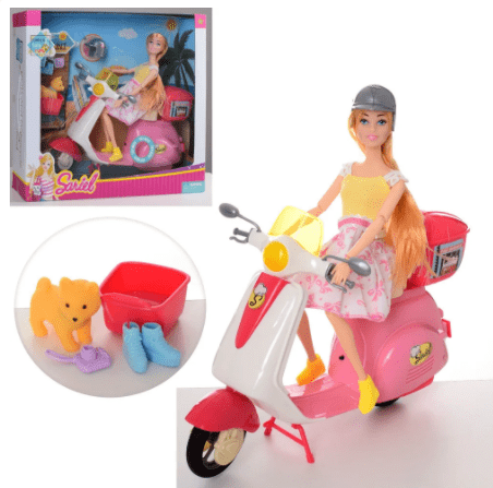 Кукла на мотоцикле с питомцем и аксессуарами “Sariel 7756-A” в коробке.
