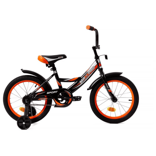 Велосипед "MaxxPro 16" SPORT-16-6" с дополнительными колёсами, цвет - чёрно-оранжевый