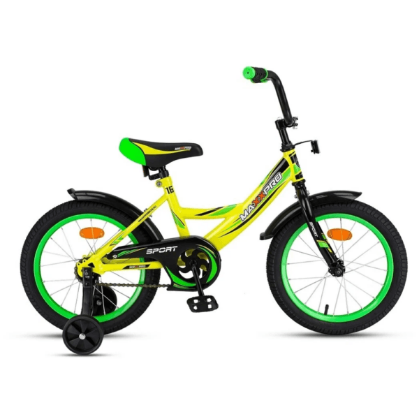 Велосипед "MaxxPro 16" SPORT-16-2" с дополнительными колёсами, цвет - жёлто-зеленый