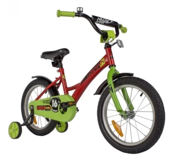 Велосипед "NOVATRACK 16" STRIKE" с дополнительными колесами, цвет - красный.