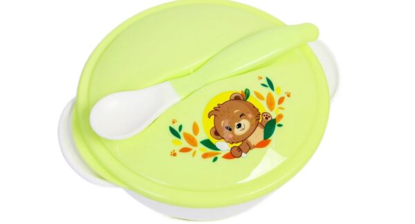 Набор детской посуды «Друзья», 3 предмета: тарелка на присоске, крышка, ложка, цвет зелёный (арт.3630399)