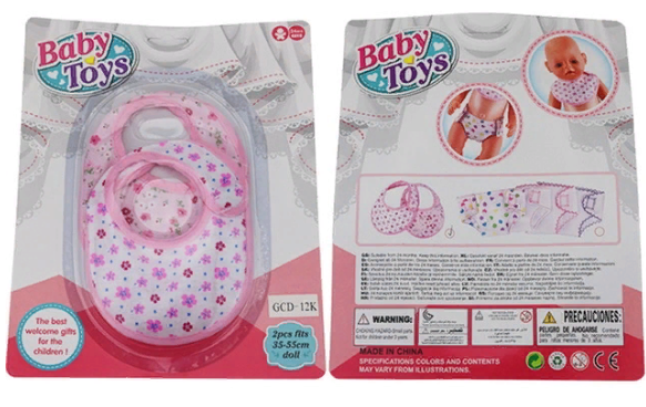 Одежда для куклы "Baby Toys GCD-12K (подгузники, слюнявчики)" на листе в ассортименте.