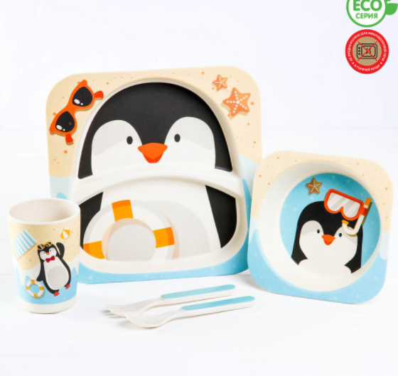 Набор бамбуковой посуды "Пингвин" (5 предметов) в коробке. 4166508