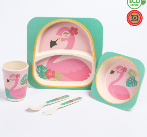 Набор бамбуковой посуды "Фламинго" (5 предметов) в коробке.