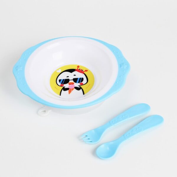 Набор детской посуды «Пингвинчик», тарелка на присоске, вилка, ложка 1