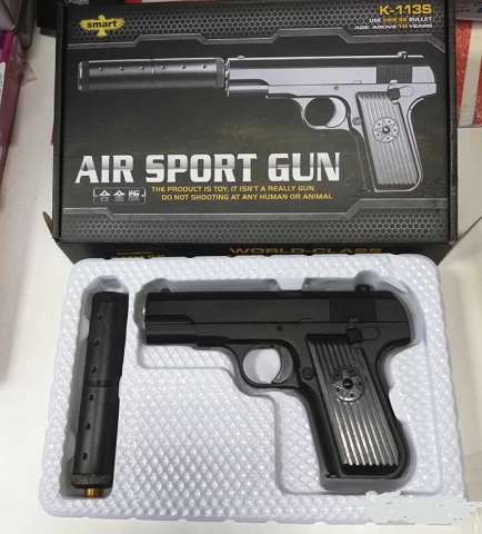 Игрушечный металлический пистолет "Air Sport Gun K-113S" c глушителем на пульках в коробке.