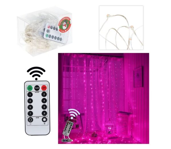 Электрогирлянда-занавес 3*3м, 300 ламп, USB, с дистанционным управлением, светло-розовый (арт. S0610)
