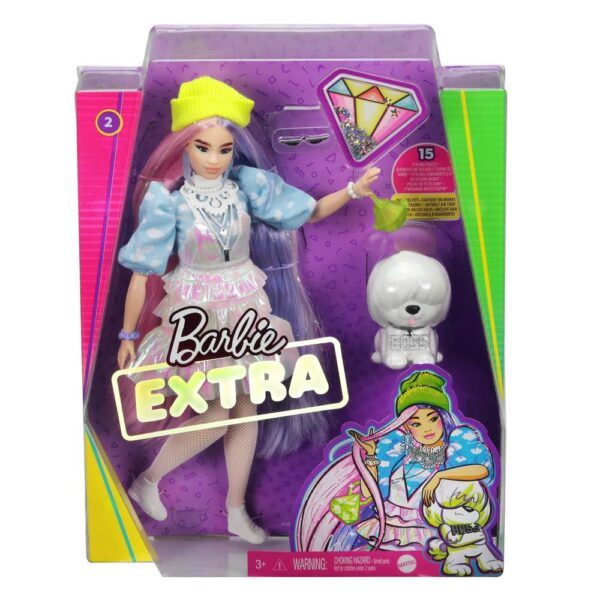 Кукла "Barbie Extra с щенком розово-голубые волосы GVR05 " в коробке (оригинал). 1