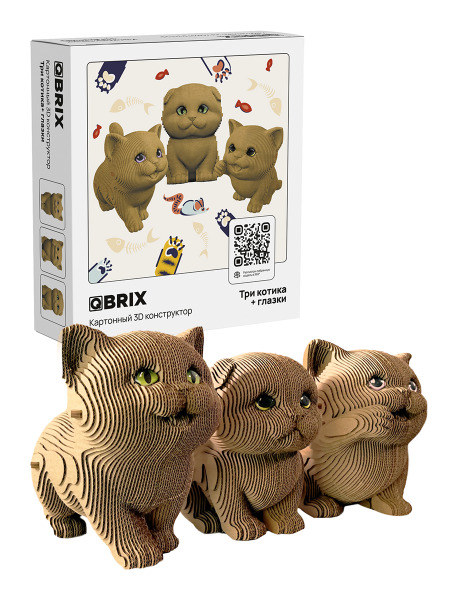 QBRIX Картонный 3D конструктор Три котика + глазки