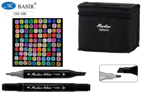 Набор скетчмаркеров: двусторонние, 1,0-7,0 mm; чёрный квадратной формы корпус; на спиртовой основе; тканевая чёрная сумка на молнии, 100 цветов. 071-100 1