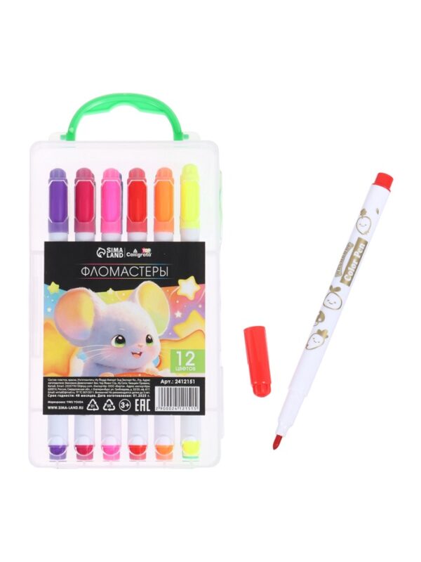 Фломастеры 12 цветов в пластиковом пенале с ручкой Мышка вентилируемый колпачок  2412151 1