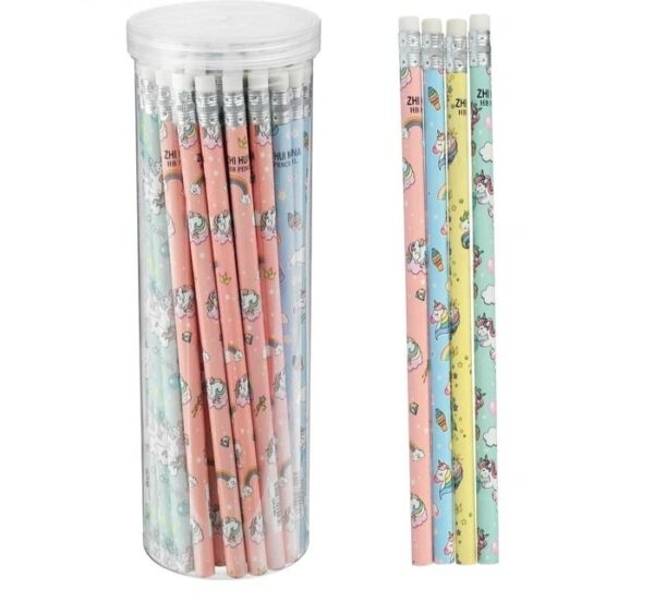 Карандаш чернографитный с ластиком НВ корпус круглый МИКС Единороги, штрихкод на штуке  4775251 1