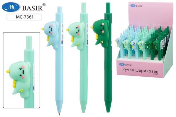 МС-7361 Авторучка "ДИНОЗАВРИК"; цветной корпус /ассорти/, с объёмной фигуркой на корпусе, цвет чернил синий. 1