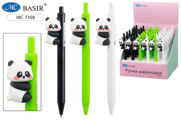 МС-7358 Авторучка "ПАНДА"; цветной корпус /ассорти/, с объёмной фигуркой на корпусе, цвет чернил- синий. 1