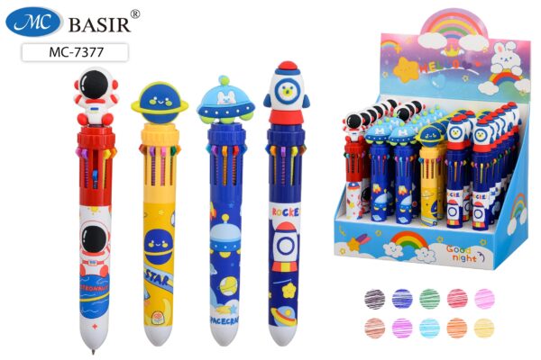 МС-7377 Авторучка 10-и цветная: детская; "КОСМОС"; цветной корпус с рисунком /ассорти/, прорезиненный наконечник; 0,5 mm. 1