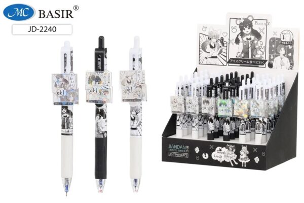 JD-2240 Авторучка с чернилами на масляной основе: детская "АНИМЕ"; чёрно-белый корпус с рисунком /ассорти/, клип с насадкой, резиновый держатель, цвет чернил-синий, 0,5 mm. 1