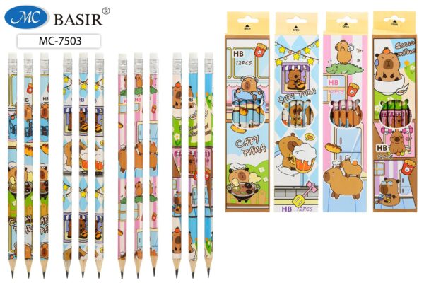 МС-7503 Карандаш чернографитный "КАПИБАРА", НВ, деревянный, заточенный с ластиком,шестигран.цветной корпус /4 дизайна/; в упаковке 12 штук;(блок 144 шт) 1