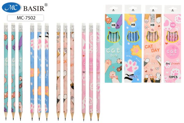 МС-7502 Карандаш чернографитный "ЛАПКИ", НВ, деревянный, заточенный с ластиком,шестигран.цветной корпус /4 дизайна/; в упаковке 12 штук;.(блок 144 шт) 1