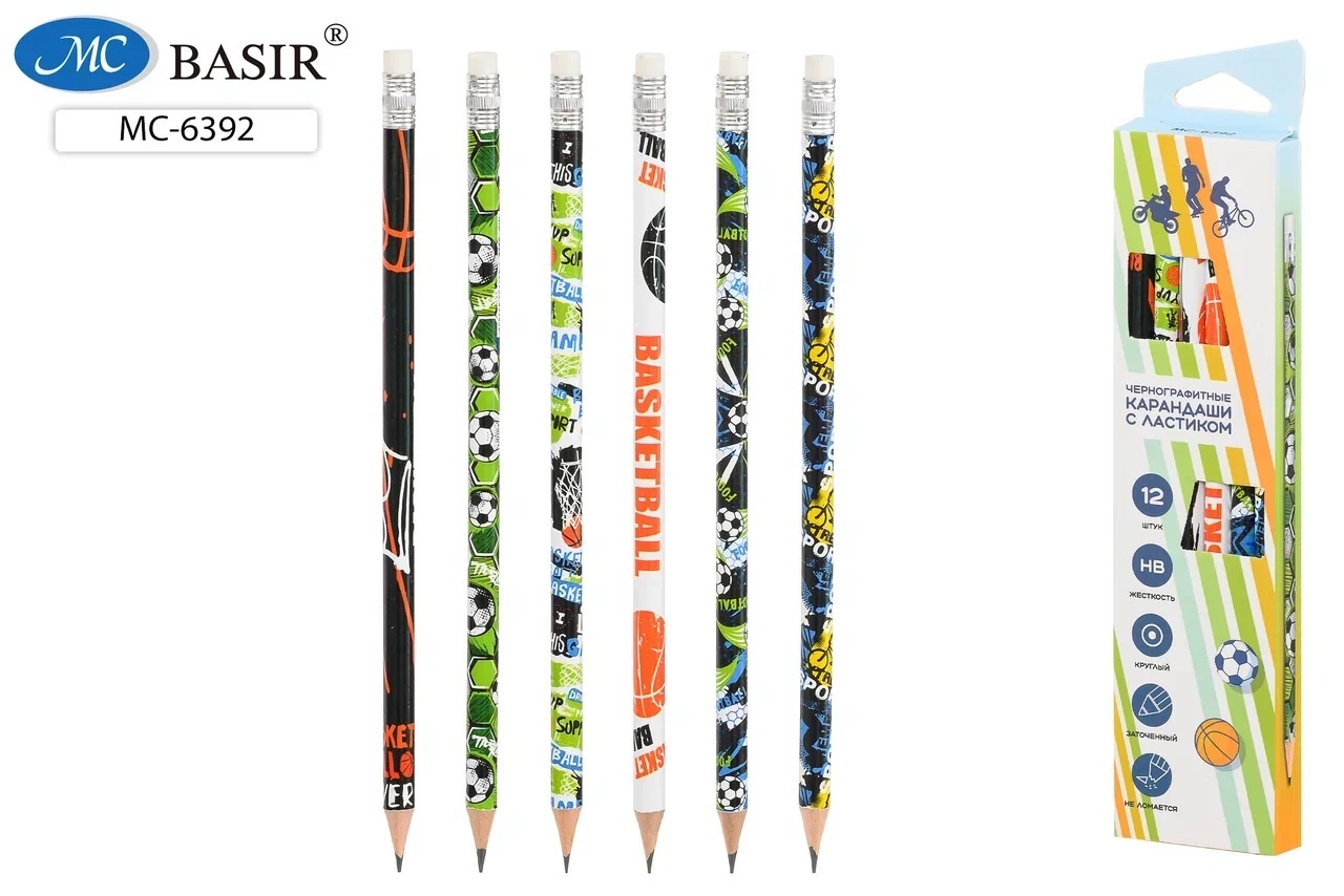 Карандаш чернографитный "СПОРТ" деревянный, заточенный с ластиком (МС-6392/12) 1 Карандаш чернографитный "СПОРТ" деревянный, заточенный с ластиком (МС-6392/12) 1