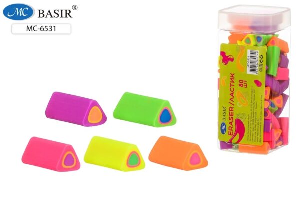 МС-6531 Ластик: цветной комбинированный, неоновый, треугольной формы /ассорти/, в пластиковой банке; размер 2,8*1,2 см. 1