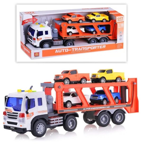 Автовоз 2-х ярусный инерционный с машинками "WY572A" (свет, звук) в коробке в ассортименте. 1